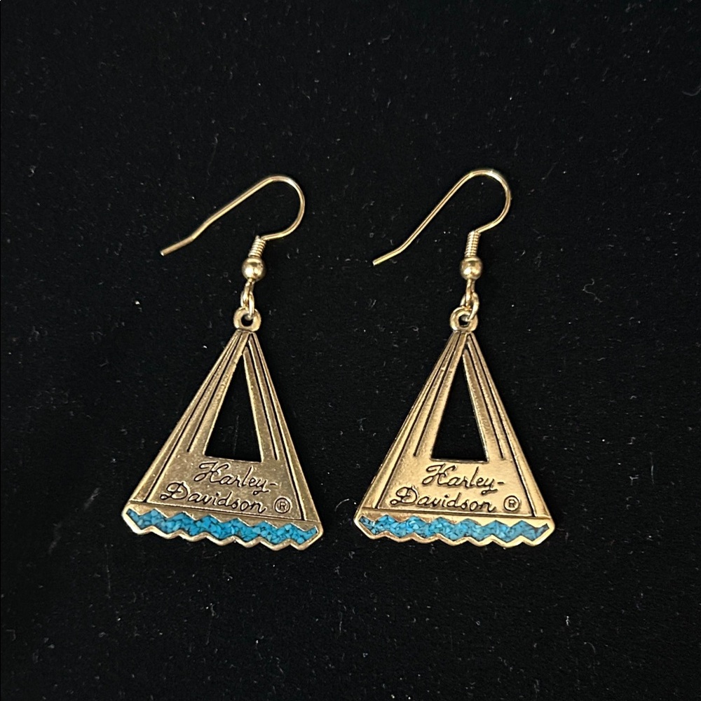 Authentic Harley-Davidson Gold Earrings With Crashed Turquoise and Onyx Detail